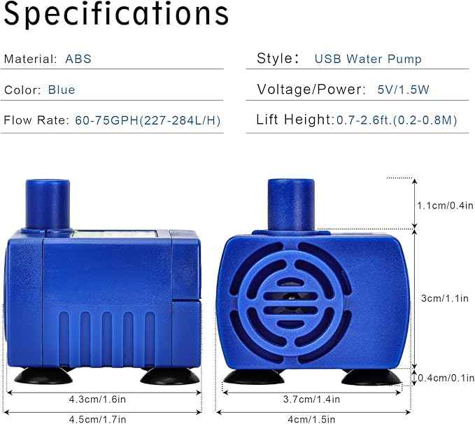 Submersible Water Pump, Small USB Quiet Cat Water Fountain Pump for Pet, Fish Tank, Aquarium DC5V 1.5W 200L/H with Light (2, Blue)