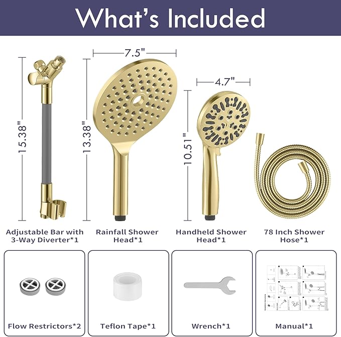 HOWUWEY Dual Shower Heads with Handheld Spray Combo, 7.5" High Pressure Rainfall Showerhead, Double Shower Heads with Handheld Spray, 9 Modes Hand Showerhead with 79" Hose (Standard, Brushed Gold)