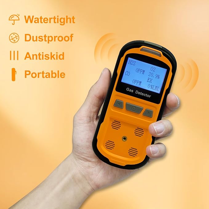 Upgraded 4 Gas Monitor Multi Gas Detector, Yfwsrecinoe Gas Leak Detector, Rechargeable 4 Gas Monitor Ex H2s Co O2 with LCD Multiple Indicator (Orange)