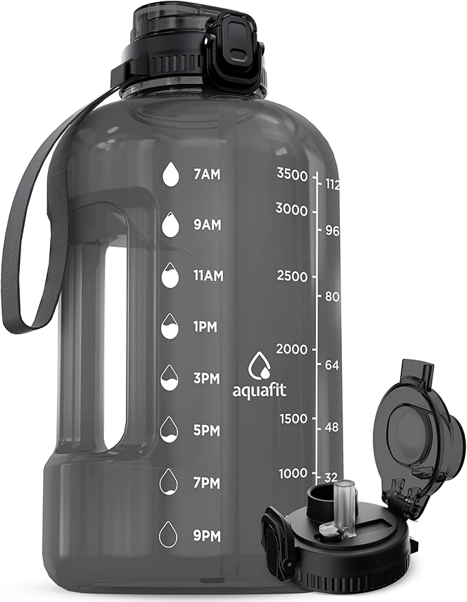 AQUAFIT 1 Gallon Water Bottle with Time Marker - Straw & Chug Lid - BPA Free Gym Water Bottle with Straw - Big Gallon Jug (Gray, 128 oz - 2in1 Lid)
