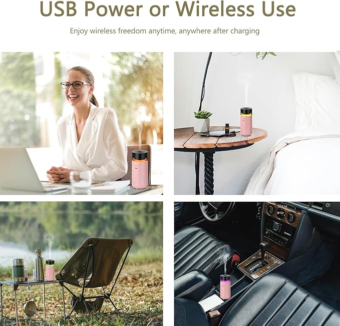 Portable Diffuser for Essential Oil,Cordless Cool Mist Aromatherapy Car Diffuser,Built-in 3000mAH Rechargeable Battery,4/8 Timer Modes, Auto On/Off with Car,for Home,Office,Travel(Pink)