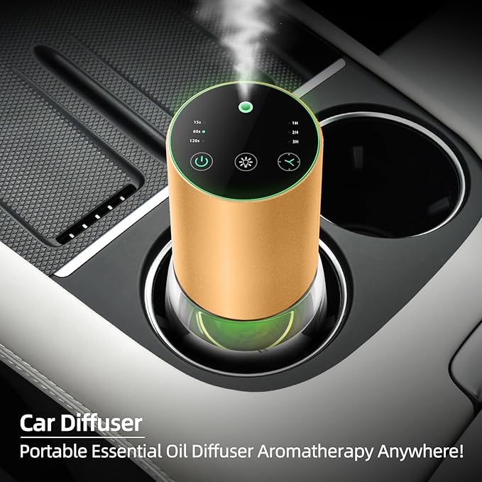 Waterless Essential Oil Diffuser 100ML Large Capacity Battery Operated Cordless Aromatherapy Diffuser with Timing & 3 Mist Levels car Diffuser 7 Colour Led Lights (Champagne)