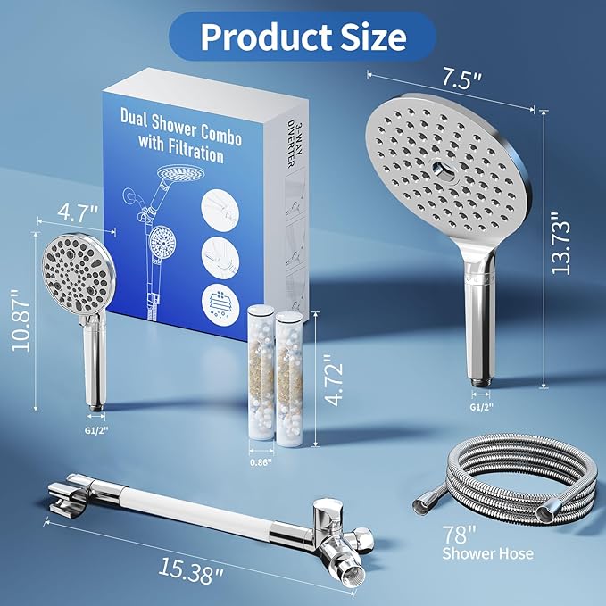 JONKEAN Dual Shower Heads with Handheld Spray Combo, 7.5" Big Filtered Double Shower Head for Hard Water, 9 Modes Waterfall Rain Shower Head High Pressure with Long Hose & Adjustable Bar (Chrome)