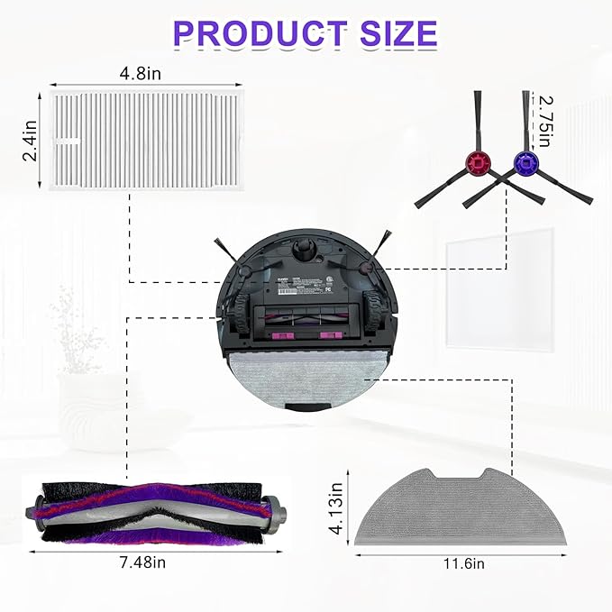Replacement Parts Kit for Eureka E10s/E20 Plus Robot Vacuum Cleaner,1 Main Roller Brushes, 4 Side Brushes, 2 HEPA Filters, 4 Mop Pads-11Pack - AquaVibe