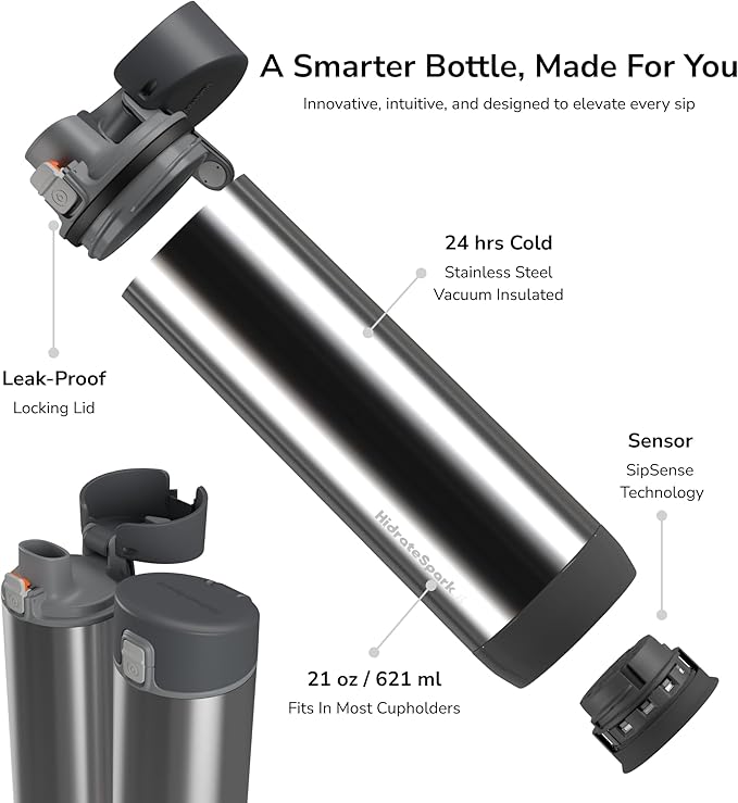 Hidrate Spark PRO Smart Water Bottle - Tracks Water Intake & Glows to Remind You to Stay Hydrated, Chug & Straw lid, 21oz (Brushed)