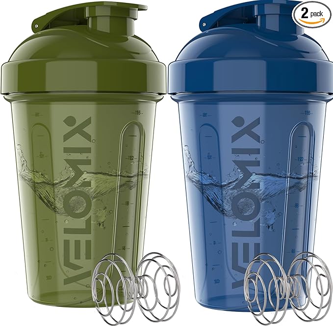 VELOMIX -2 Pack- 20 oz Protein Shaker Bottles for Protein Mixes - 2x Wire Whisk | Leak Proof Shaker Cups for Protein Shakes and Pre Workout | Protein Shaker Bottle Pack (Green/Blue)