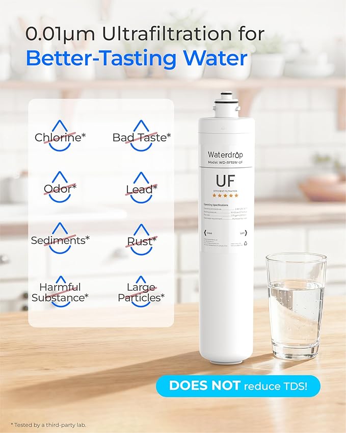 Waterdrop RF15W-UF 0.01 Micron Water Filter, Reduces Lead, Chlorine, Bad Taste & Odor, 19K Gallons High Capacity, Replacement for Waterdrop Under Sink Water Filtration System, White