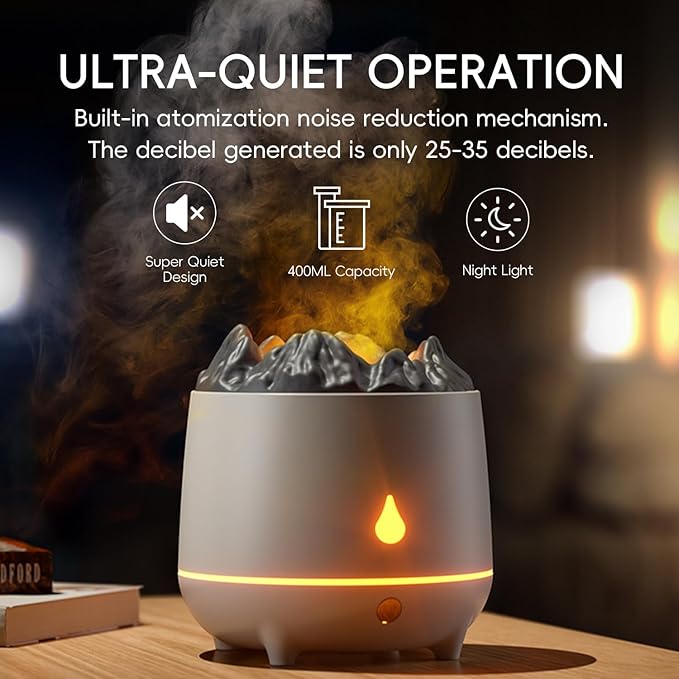 Volcano Flame Diffuser, Aromatherapy Essential Oil Diffuser, 400ml Ultrasonic Cool Mist Humidifier for Bedroom,Office,Home,Yoga, Timer & Auto Shut-Off, Colorful Ambient Night Light (White)