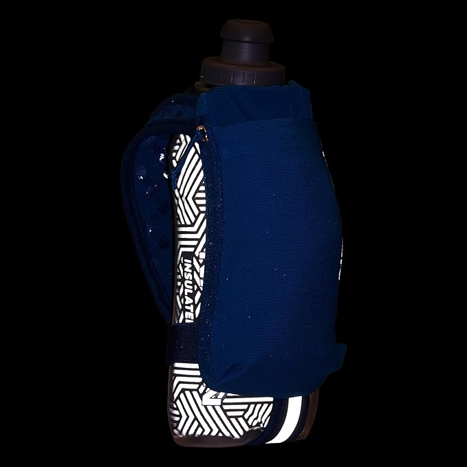 Nathan SpeedDraw 2 Insulated Handheld Running Water Bottle Flask 18oz – Double-Wall Insulation, Ergonomic Grip, Blast Valve Cap, Phone & Key Storage Pockets, Reflective Design