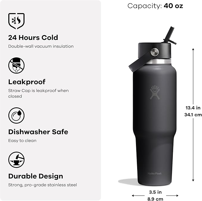 Hydro Flask Travel Water Bottle - Insulated Stainless Steel - Wide Straw Lid, Non Spill, Leakproof in 40 Oz Shale Gray