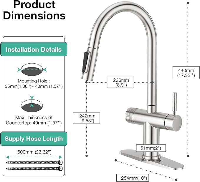 CREA 3 Way Kitchen Faucet with Filtered Water Outlet & Pull Down Sprayer, Stainless Steel Kitchen Faucets Use with Water Filter, Drinking Water Faucet for Kitchen Sink Reverse Osmosis (RO), Brushed