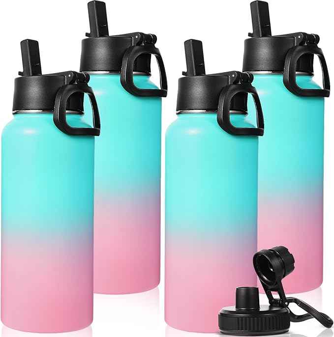 Neihepal 32 oz Insulated Water Bottles Bulk with 2 Lids (Straw & Spout Lid), Stainless Steel Double Wall Water Bottle, Keeps Cold 24H & Hot 12H (Green Pink,4 Pack)