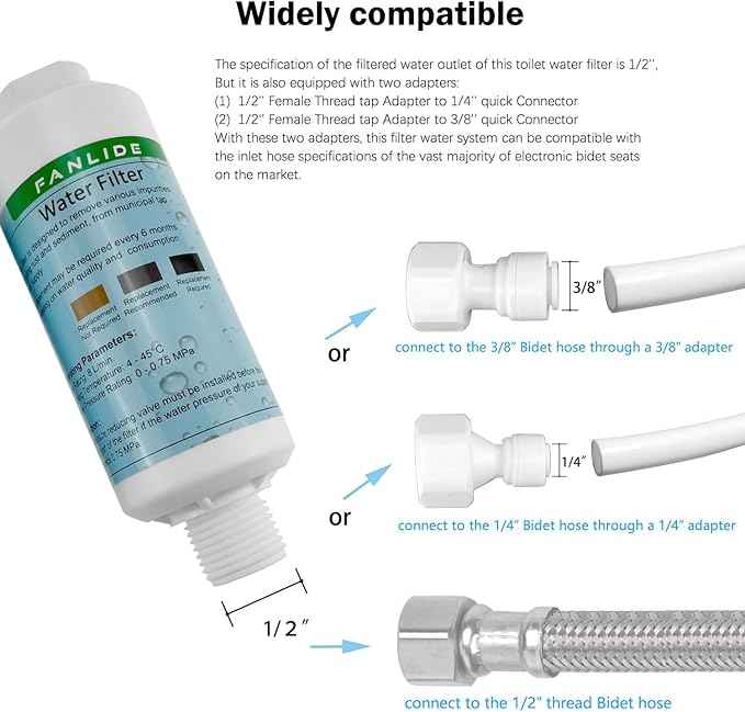 Bidet water filter for electronic bidet seats, Toilet water filter system, compatible with 1/2" 1/4" 3/8" Bidet hose (2 Filters + 2 Adapter) - AquaVibe