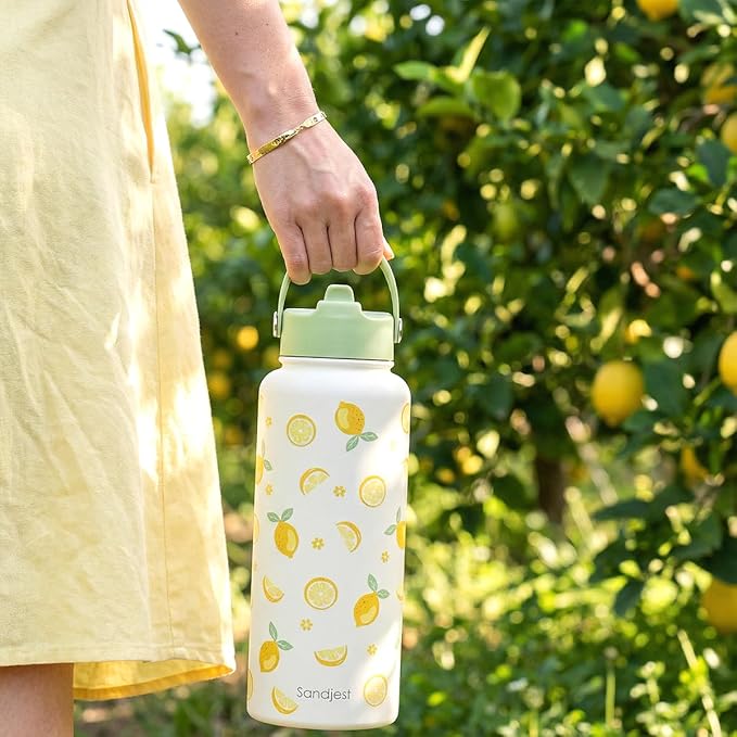Lemon Water Bottle Stainless Steel 32oz with Lid & Straw, Insulated Bottles Gifts for Women Girls Friends Teens Birthday Christmas