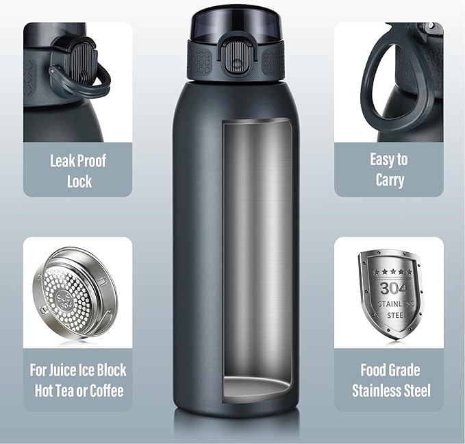 Insulated Water Bottle 24 oz with Dustproof Lid, Carry Handle & Tea Infuser, BPA-Free & Leakproof, Stainless Steel Water Bottles Ideal for Fitness, Hiking, Office & Outdoor Use （Cold Gray ）