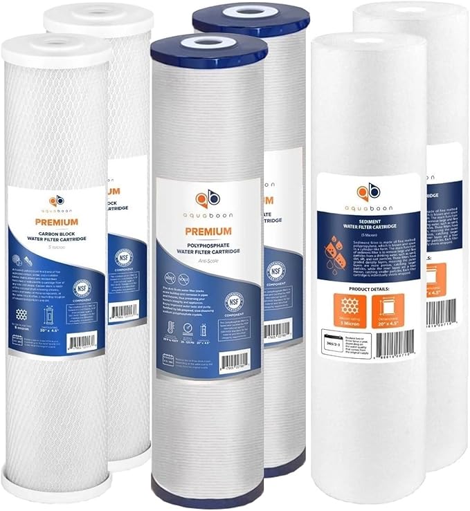 Aquaboon 5 Micron 20 x 4.5 Whole House Water Filter Replacement Cartridge Set: Sediment, Anti-Scale, Carbon for 3-Stage Water Filtration System 2 Pack