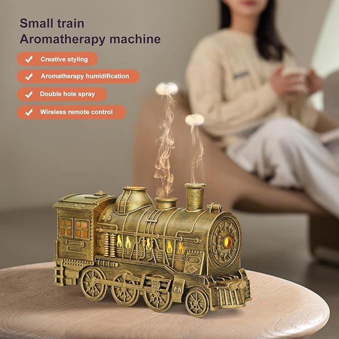Train Diffuser 300ml, Aromatherapy Diffuser Cool Mist Ultrasonic Aroma Train Diffuser with Remote Control 2 Light 2 Mist Mode Auto Shut-Off for Bedroom Office Hotel(Bronze)