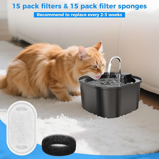 15+15 Pack Pet Water Fountain Filters, Cat Water Fountain Filters Replacement for Dog/Cat Fountain Stainless Steel 108oz/3.2L& 67oz/2L, 7 Months Set to Keep Drinking Fresh