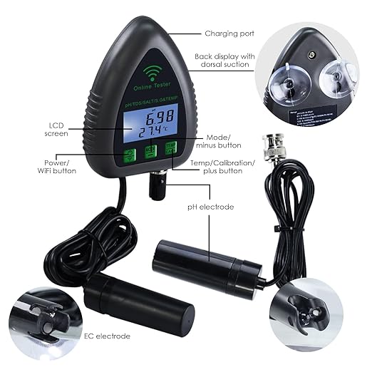Online APP Monitoring WiFi Water Quality Tester pH/TDS/Salt/S.G/Temperature for Aquarium Hydroponics Pool Aquaculture with Easy Calibration