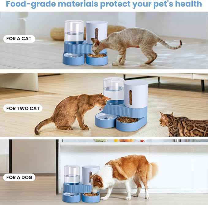 2 Pack Automatic Cat Feeder Stainless Steel Water Dispenser Gravity Food Feeder and Waterer Set with Pet Food Bowl for Small Medium Kitten Puppy Pets Large Capacity(Blue)