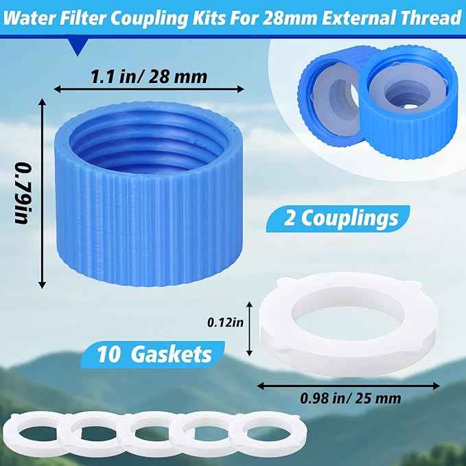 2-Pack Water Filter Coupling Kit with Cleaning Gasket - Compatible with 28mm External Threaded Water Filters, Ideal for Backflush & Gravity Systems - Essential for Mountaineering, Hiking & Camping