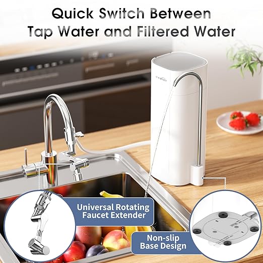 Countertop Water Filter, Upgraded 8000G Alkaline Water Filtration System with Universal Rotating Faucet Extender for Sink Faucet, Reduces 99.99% Chlorine, Heavy Metals, Bad Odor, OM-CF06(1 Filter)