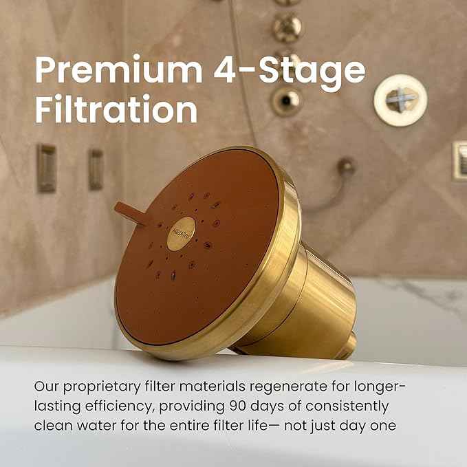 AquaTru Shower - Advanced Shower Filter Removes Impurities from Hard Water to Support Healthy Skin, Scalp, Hair, Reduce Breakage, and Enhance Your Beauty and Self-Care Routine (Brushed Gold)