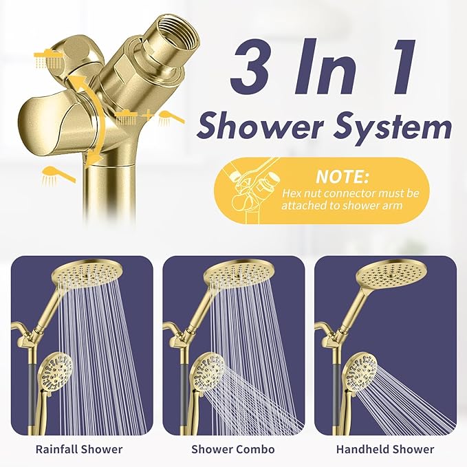 HOWUWEY Dual Shower Heads with Handheld Spray Combo, 7.5" High Pressure Rainfall Showerhead, Double Shower Heads with Handheld Spray, 9 Modes Hand Showerhead with 79" Hose (Standard, Brushed Gold)