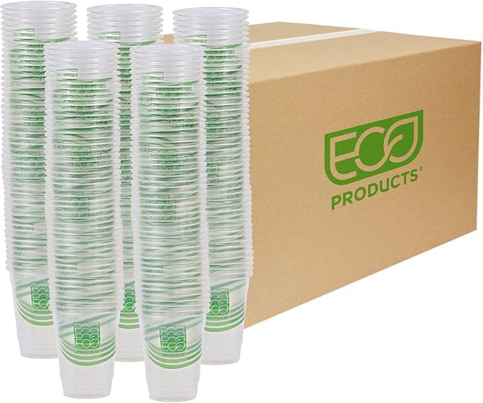 ECO PRODUCTS GreenStripe Clear Compostable 9oz PLA Plastic Cups, Case of 1000, Disposable Renewable Plant-Based Cold Cups, For Cold Drinks & Snacks, BPI Certified, ASTM Compliant.