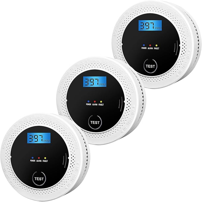 3 Pack Smoke and Carbon Monoxide detectors Powered by Batteries, with Digital Display, Smoke and Carbon Dioxide Dual Alarm sensors, Easy to Install Black