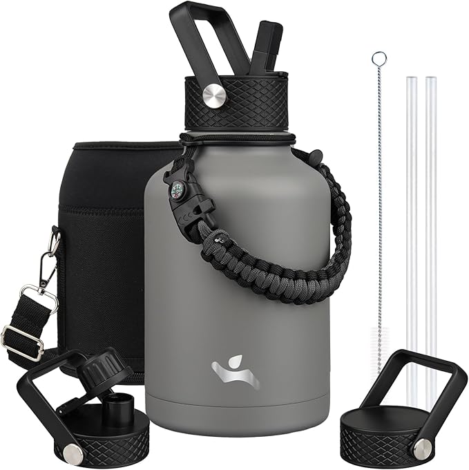 Insulated Water Bottle with Straw,50 oz 3 Lids Water Jug with Carrying Bag,Paracord Handle,Double Wall Vacuum Stainless Steel Metal Flask,Gray