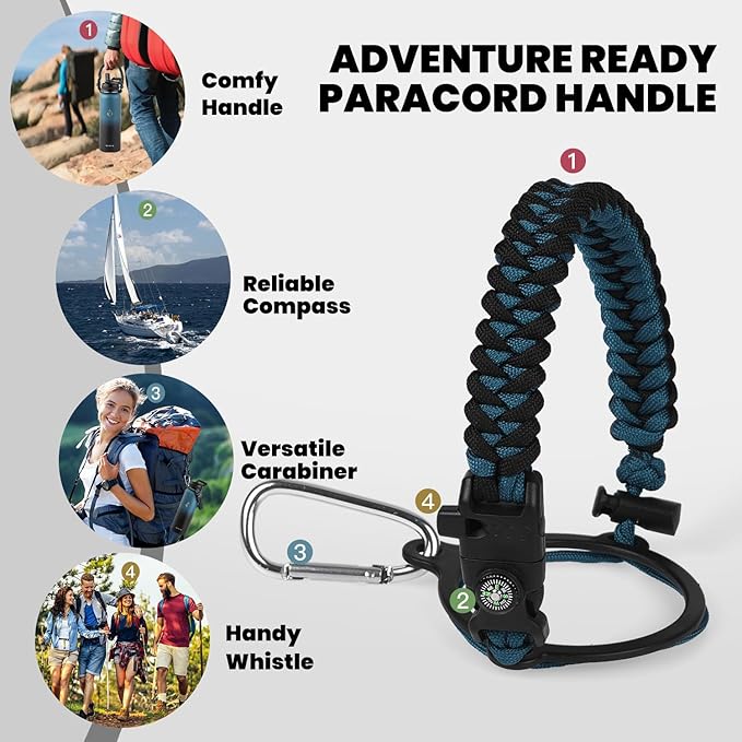 Insulated Water Bottle 40 oz, Triple Wall Vacuum Stainless Steel (Cold for 48 Hrs), Leak Proof & Non-BPA, Modern Water Flask Jug with Paracord Handle & Straw Spout Lids, Indigo/Black