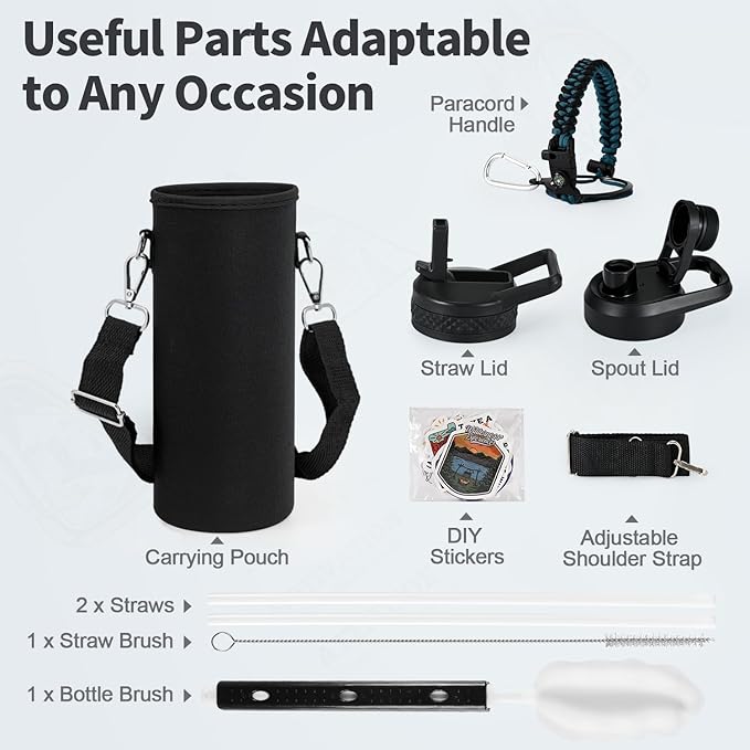 20 oz Insulated Water Bottle with Straw (Cold for 48 Hrs), Stainless Steel Triple Wall Vacuum Sports Water Jug, Leakproof Hydro Cup Flask with Paracord Handle & Straw Spout Lids & DIY Stickers