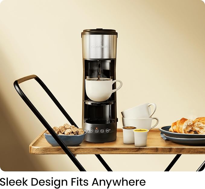 CHEFMAN Single Serve Coffee Maker, K Cup Coffee Machine: Compatible with K-Cup Pods and Ground Coffee, Brew 6 to 12oz Cup Drip Coffee Maker, 40oz Water Reservoir, Cup Lift, Filter Included