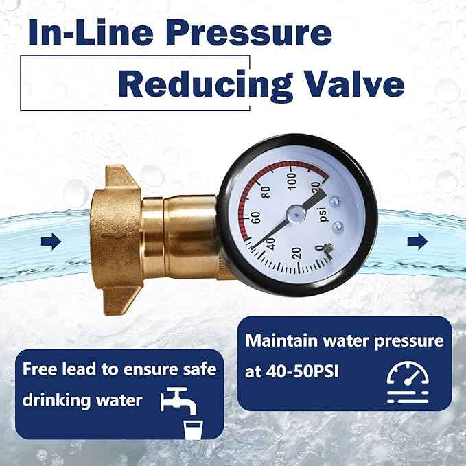 Cupohus Brass RV Water Pressure Regulator (40-50PSI) with Gauge and Filter Screen, 3/4” NH Monitor Water Hose Pressure,for RV Camper, Travel Trailer and More