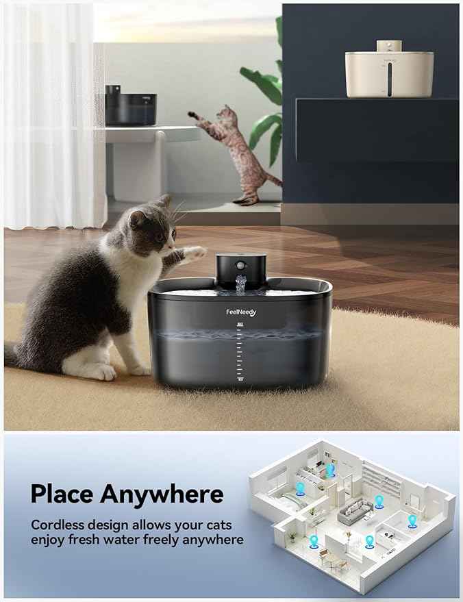 Wireless Cat Water Fountain: [Pumpless] & [Detachable Battery] FEELNEEDY 4L Battery Operated Pet Water Fountain for Cats and Dogs Indoor, Motion Sensor Cat Drinking Fountain with 6 Pack Filters