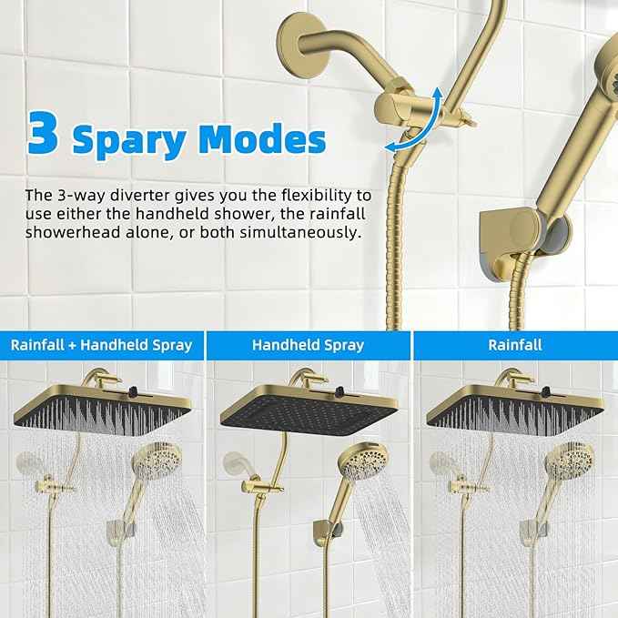Hibbent High Pressure 13'' Dual Shower Head Combo with 10-mode Handheld Spray, Upgraded Rainfall 5-spray Shower Head, 12'' Adjustable Extension Arm, 71'' Hose, Showerhead Holder, Brushed Gold