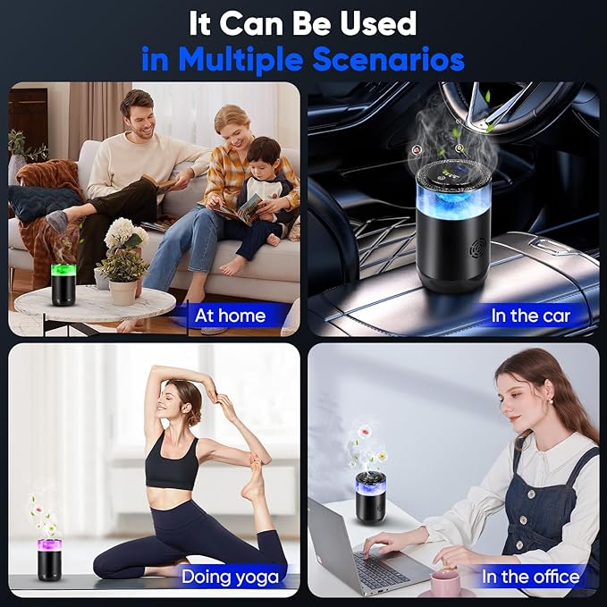 Smart Car Air Freshener Car Air Diffuser with Beautiful Cloud Mist Effect, Auto On/Off, 2 x Perfumes Refills (Osmanthus & Oceann), 900mAh Battery, 4 Modes, Ambiance Light Car Fragrance Diffuser