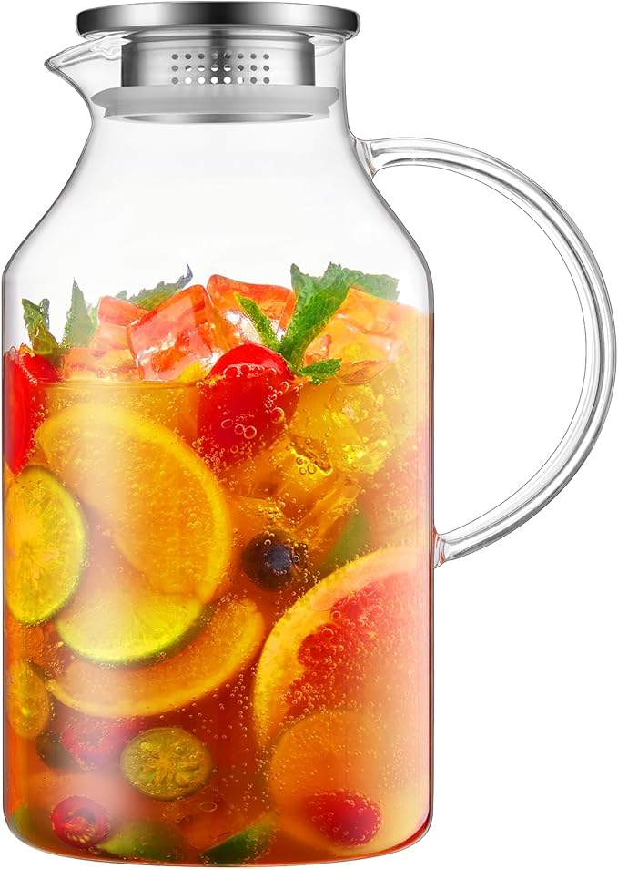 Bivvclaz 3 Liter 101 oz Glass Pitcher with Lid and Handle, Glass Water Pitcher for Fridge, Glass Carafe for Hot/Cold Water, Iced Tea Pitcher, Large Jug for Coffee, Juice and Homemade Beverage
