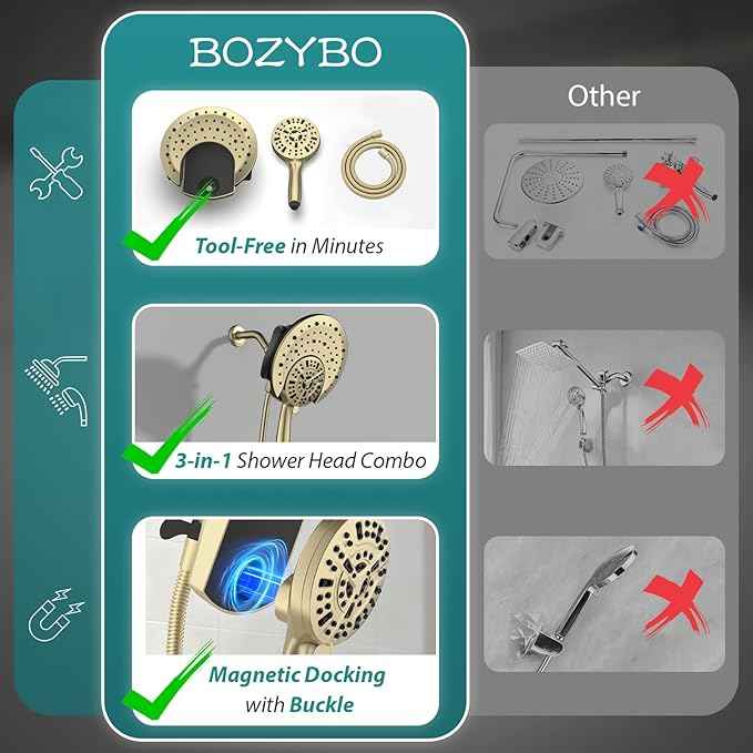Rain Shower Head with Handheld: Foldable High Pressure Shower Heads with Handheld Spray Combo, 9 Spray Settings/Modes Hand Held Showerhead Dual Rainfall Shower Head Built-in Magnetic Docking and Jets