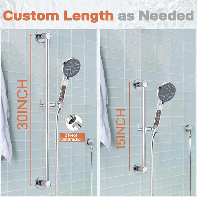 YDmeet Filtered Handheld Showerhead with 30-Inch Shower Slide Bar Set, 3-Mode Spray Setting, Long Metal Hose, Extra 6 Packs Replacement Mineral Balls for Refills, Chrome - AquaVibe