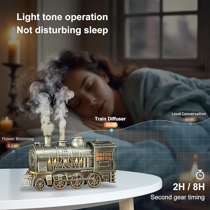 Train Diffuser 300ml, Aromatherapy Diffuser Cool Mist Ultrasonic Aroma Train Diffuser with Remote Control 2 Light 2 Mist Mode Auto Shut-Off for Bedroom Office Hotel (Silvery)