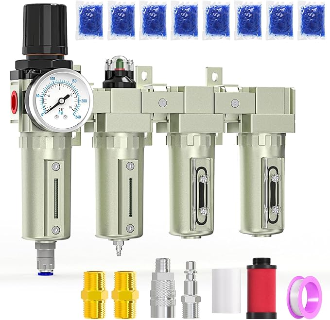 1/2" NPT 4 Stage Heavy Duty Industrial Grade, Auto Drain Air Drying System, Coalescing Filter, Particulate Filter, Double Desiccant Dryer and Air Regulator For Plasma Cutter and Paint Spray - AquaVibe