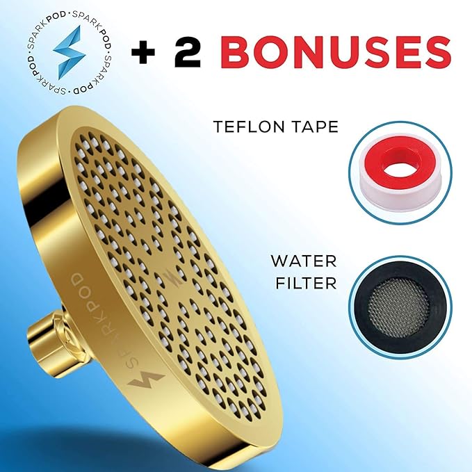 SparkPod Shower Head - High Pressure Rain - Premium Quality Luxury Design - 1-Min Install - Easy Clean Adjustable Replacement for Your Bathroom Shower Heads (Egyptian Gold, 6 Inch Round) - AquaVibe