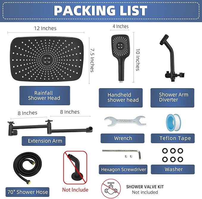 12" High Pressure Rain/Rainfall Shower Heads With Handheld Spray Combo (3+1 Settings & Built-in Power Wash Mode), Double/Dual Shower Head With Handheld - Height/Angle Adjustable(Matte Black)