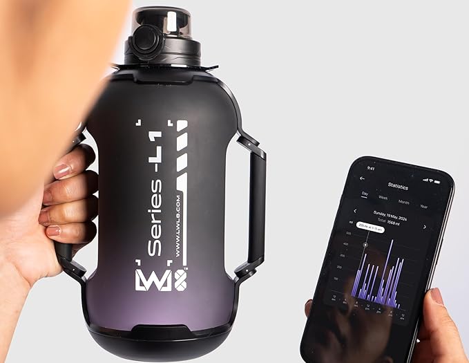 Smart Water Bottle Series L-1 - Tracks Water Intake with Bluetooth, Glows & Remind You To Stay Hydrated | With Built-in Straw | Tracking your bottle | Set Reminders | Denim Black, 44 oz