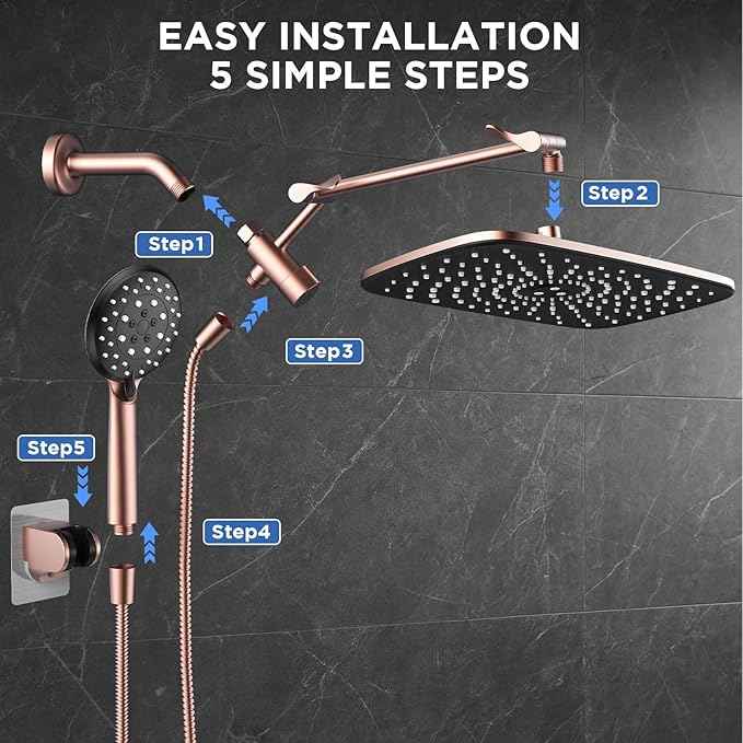Veken 11.8" Rain Shower Head with Handheld, High Pressure Handheld Shower with Multi Spray Modes, Rainfall Combo with Metal Extension Arm, Detachable Dual Showerhead, Bathroom Decor, Rose Gold
