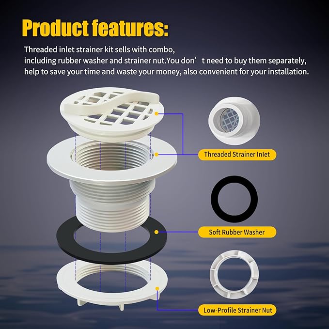2Pcs Threaded Inlet Strainer Kit Compatible with Intex Filter Pumps w/ 1-1/2" Hoses,Incl Rubber Washer and Strainer Nut,Inlet Strainer use for Stock Tank Pools & Above Ground Pool - AquaVibe