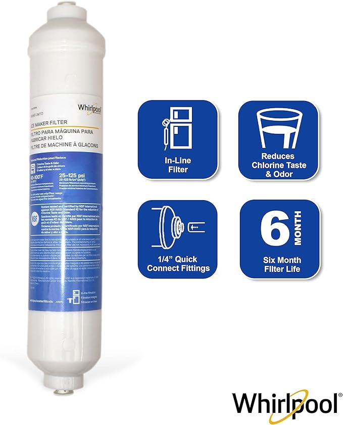 Whirlpool Inline Water Filter WHKF-IMTO, 1/4" Quick Connect Fits Refrigerator, Ice Maker, NSF/ANSI 42 Certified Reduces Chlorine Taste & Odor for Drinking Water and Filtered Ice, 6 Month Filter Life