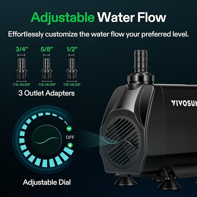 VIVOSUN 1050 GPH 100W Submersible Water Pump, Quiet Fountain Pump With 13.1 ft Head Lift, 6.6 ft Power Cord, 3 Nozzles, Tubing, & 2 Clamps, For Fish Tank, Pond, Aquarium, Hydroponics - AquaVibe